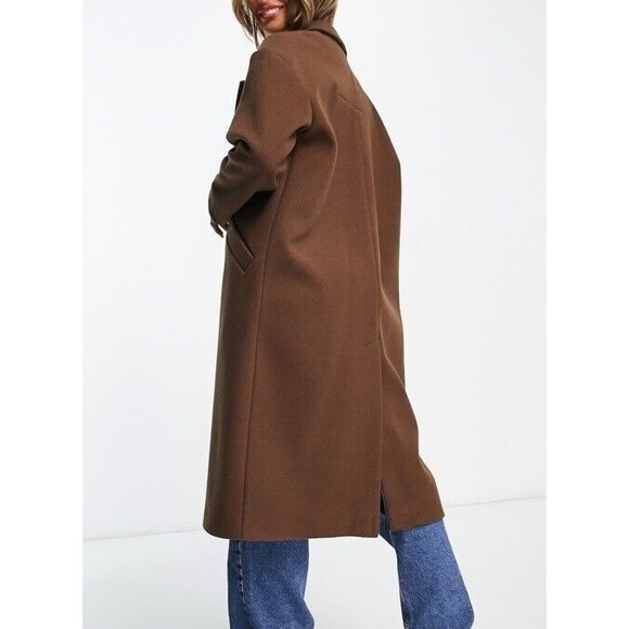 TOPSHOP Double Breasted Long Coat Chocolate Brown Unlined Women - Picture 3 of 13